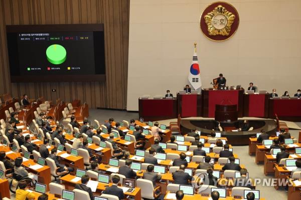 The Natio<em></em>nal Assembly passes a revision bill stipulating the launch of a government agency to handle affairs related to Koreans overseas, in Seoul on Feb. 27, 2023. (Yonhap)
