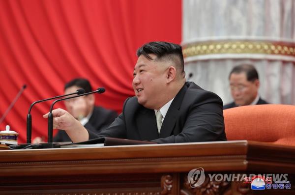 North Korean leader Kim Jong-un speaks during a plenary meeting of the ruling Workers' Party's Central Committee on its second day in Pyo<em></em>ngyang on Feb. 27, 2023, to discuss rural issues, in this photo released by the North's Korean Central News Agency the following day. (For Use o<em></em>nly in the Republic of Korea. No Redistribution) (Yonhap)