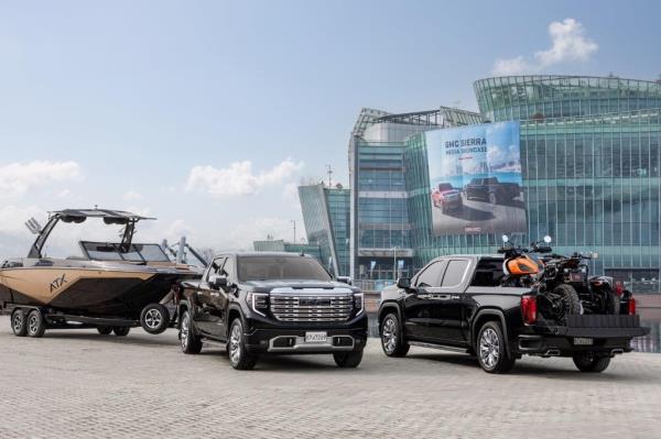 This photo taken on Feb. 7, 2023, and provided by GM Korea shows the GMC Sierra Denali pickup displayed during its launching event held near the floating island of the Han River called 