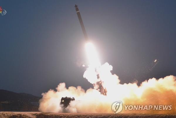 A short-range ballistic missile is launched toward the East Sea from the Sukchon area in South Pyo<em></em>ngan Province on Feb. 20, 2023, in this photo captured from North Korea's official Korean Central Television. The artillery unit of the Korean People's Army fired two shots from the 600-mm multiple rocket launcher during firing drills, and they flew 395 km and 337 km, respectively, according to the North's official Korean Central News Agency. (For Use o<em></em>nly in the Republic of Korea. No Redistribution) (Yonhap)