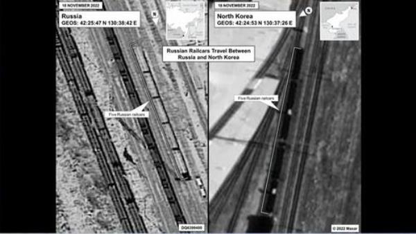 The captured image shows imagery released by the White House Natio<em></em>nal Security Council on Jan. 20, 2023 that show a set of Russian railcars traveling between Russia and North Korea on Nov. 18-Nov. 19, 2022 for a suspected delivery of North Korean military equipment to Russia's private military company, the Wagner Group. (Yonhap)