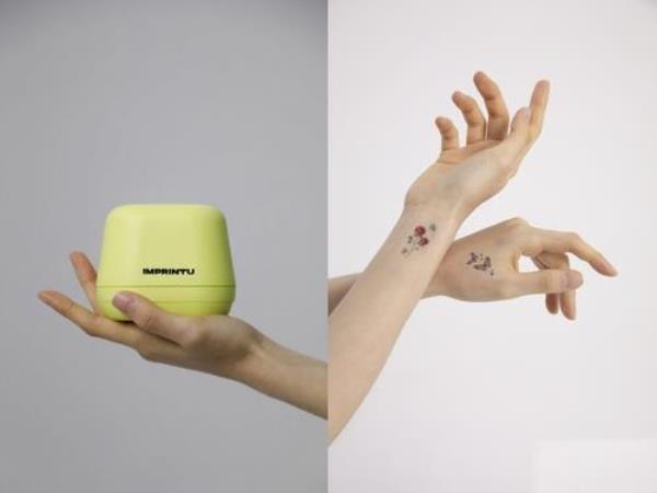 This image provided by LG Household & Health Care Ltd. on Feb. 20, 2023, shows its IMPRINTU device (L) and printed tattoos. (PHOTO NOT FOR SALE) (Yonhap)