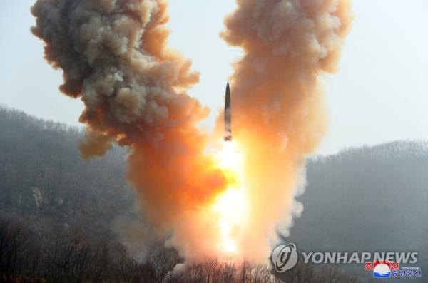 This photo, carried by North Korea's official Korean Central News Agency on March 20, 2023, shows the North co<em></em>nducting military drills simulating a tactical nuclear counterattack against its enemies. (For Use o<em></em>nly in the Republic of Korea. No Redistribution) (Yonhap)
