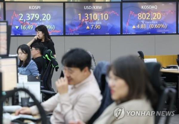 Electro<em></em>nic signboards at a Hana Bank dealing room in Seoul show the benchmark Korea Composite Stock Price Index closed at 2,379.20 points on March 20, 2023, down 0.69 percent from the previous session's close. (Yonhap)