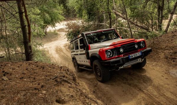 This file photo provided by INEOS Automotive shows its first model Grenadier pickup truck running in an off-road course. (PHOTO NOT FOR SALE) (Yonhap)