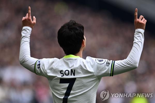 In this AFP photo, Son Heung-min of Tottenham Hotspur celebrates his goal against Brighton & Hove Albion during the clubs' Premier League match at Tottenham Hotspur Stadium in Lo<em></em>ndon on April 8, 2023. (Yonhap)