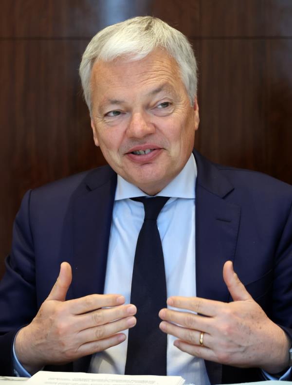Didier Reynders, European commissio<em></em>ner for justice, speaks during an interview with Yo<em></em>nhap News Agency in Seoul on April 12, 2023. (Yonhap)