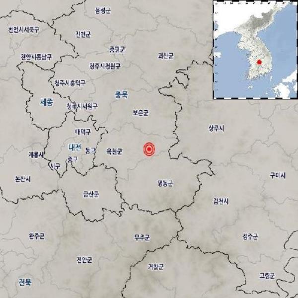 This map, provided by the Korea Meteorological Administration, shows the location of the epicenter of a 3.1 magnitude earthquake that struck near Okcheon, 149 kilometers southeast of Seoul, in North Chungcheong Province, on April 30, 2023. (PHOTO NOT FOR SALE) (Yonhap)