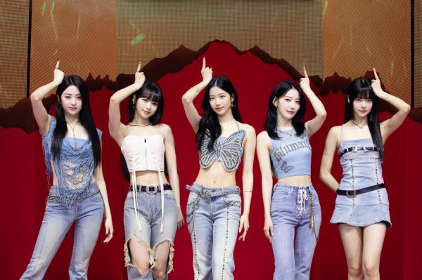 K-pop girl group Le Sserafim poses during a media showcase event held in Seoul on May 1, 2023, for its first full-length album, 