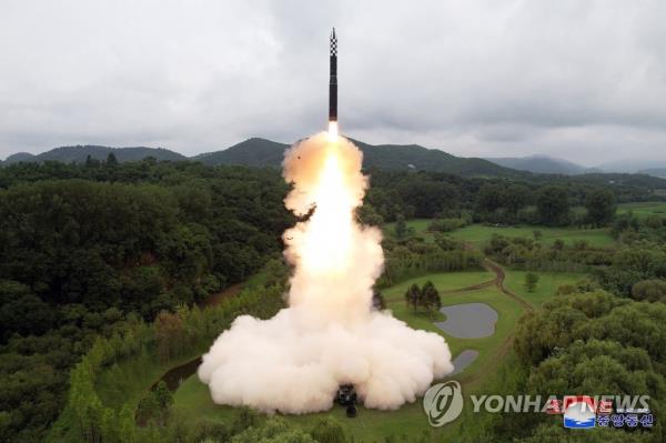 North Korea fires a Hwasong-18 solid-fuel interco<em></em>ntinental ballistic missile (ICBM) on July 12, 2023, in this photo released by the North's official Korean Central News Agency. (For Use o<em></em>nly in the Republic of Korea. No Redistribution) (Yonhap)