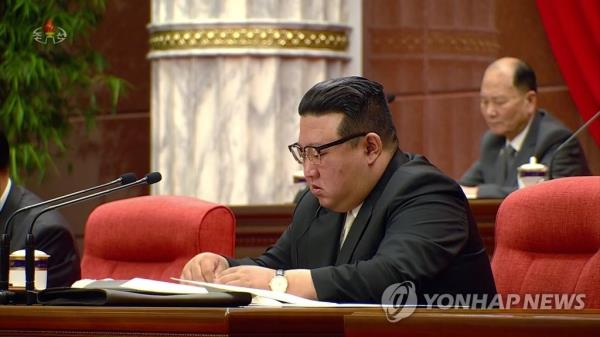 This file photo, captured from footage of the state-run Korean Central Television on June 19, 2023, shows North Korean leader Kim Jong-un presiding over an enlarged plenary meeting of the ruling Workers' Party of Korea. (For Use o<em></em>nly in the Republic of Korea. No Redistribution) (Yonhap)