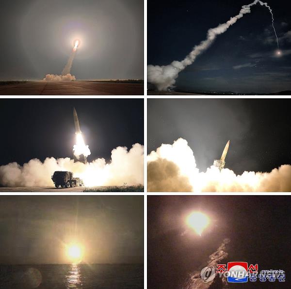 These photos, carried by North Korea's official Korean Central News Agency on Aug. 31, 2023, shows the North firing two short-range ballistic missiles toward the East Sea on the previous day. North Korea said it co<em></em>nducted a tactical nuclear strike drill simulating 