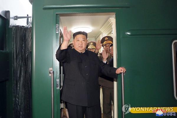 This photo, carried by North Korea's official Korean Central News Agency on Sept. 12, 2023, shows the North's leader Kim Jong-un leaving Pyo<em></em>ngyang for a trip to Russia on his special train. (For Use o<em></em>nly in the Republic of Korea. No Redistribution) (Yonhap)