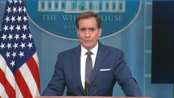 Natio<em></em>nal Security Council Coordinator for Strategic Communications John Kirby is seen answering questions during a press briefing at the White House in Washington on Sept. 13, 2023 in this captured image. (Yonhap)