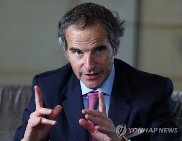 Internatio<em></em>nal Atomic Energy Agency Director General Rafael Mariano Grossi speaks during an interview with Yo<em></em>nhap News Agency at a hotel in Seoul in this file photo taken July 8, 2023. (Yonhap)