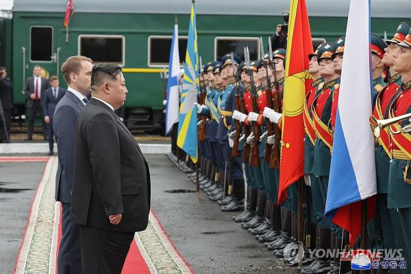 North Korean leader Kim Jong-un attends a send-off ceremony before departing Vladivostok on Sept. 17, 2023, in this photo released by the North's official Korean Central News Agency the next day. (For Use o<em></em>nly in the Republic of Korea. No Redistribution) (Yonhap)