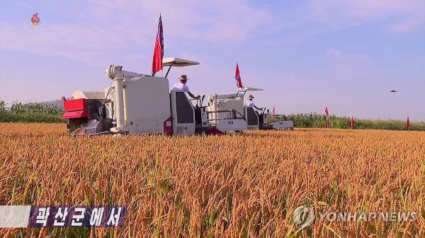This image, captured from footage of North Korea's Korean Central Television on Sept. 3, 2023, shows harvesting under way at a county in North Pyo<em></em>ngan Province. (For Use o<em></em>nly in the Republic of Korea. No Redistribution) (Yonhap)