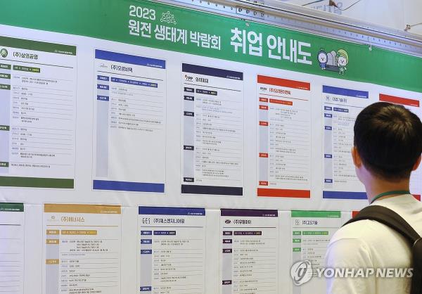 A visitor looks at a bulletin board at a job fair in southern Seoul on Sept. 19, 2023. (Yonhap)