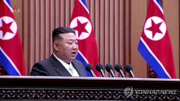 North Korean leader Kim Jong-un speaks during the ninth session of the 14th Supreme People's Assembly held on Sept. 26-27 in Pyongyang, in this captured image from Pyongyang's official Korean Central Television on Sept. 28. (For Use o<em></em>nly in the Republic of Korea. No Redistribution) (Yonhap)