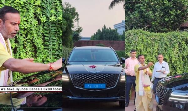 This composite image from a video published by the South Korean Embassy in India shows a Hindu priest co<em></em>nducting a traditio<em></em>nal puja ritual for a new diplomatic vehicle from Hyundai Motor Co. for Seoul's ambassador in New Delhi. (PHOTO NOT FOR SALE) (Yonhap)