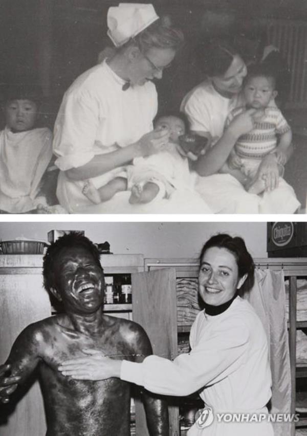 This combined image, provided by the Marianne and Margaret Association on Nov. 22, 2017, shows Margaret Pissarek (left in first photo) and Marianne Stoeger (right in the second photo) taking care of leprosy patients. (PHOTO NOT FOR SALE) (Yonhap)