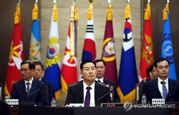 Defense Minister Shin Won-shik (C) attends a parliamentary audit held at the defense ministry in Yongsan, Seoul, on Oct. 10, 2023, amid opposition lawmakers' boycott of the audit calling for the withdrawal of Shin's appointment. (Pool photo) (Yonhap)