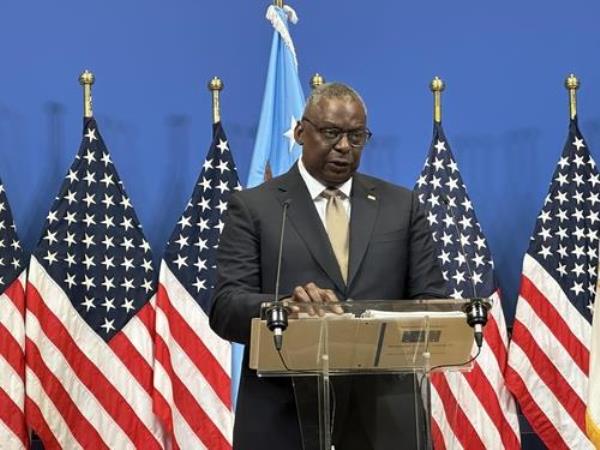 U.S. Defense Secretary Lloyd Austin speaks during a press co<em></em>nference at the North Atlantic Treaty Organization's headquarters in Brussels on Oct. 11, 2023. (Yonhap)