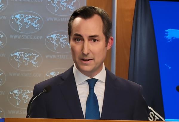Matthew Miller, State Department spokesperson, speaks during a press briefing at the department in Washington on Oct. 30, 2023. (Yonhap)