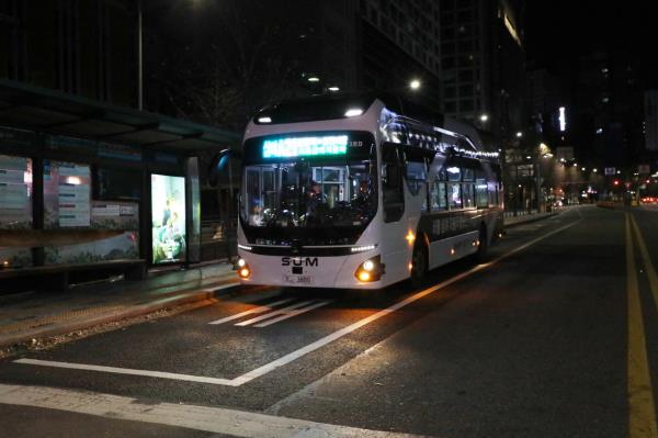 This photo shows a Seoul Auto<em></em>nomous Night Bus during a pilot run. (Seoul Metropolitan Government.)