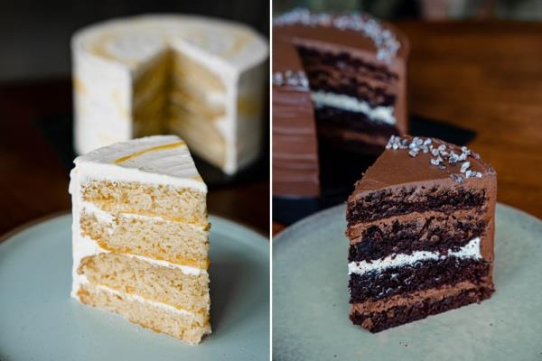 Vanilla Cake with Lemon Buttercream and Passio<em></em>nfruit Curd (left). Chocolate Cake with Hazelnut Buttercream and Dark Chocolate Ganache (right).